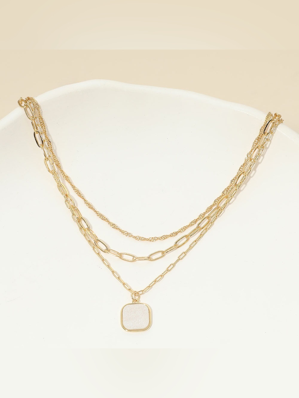 18K Gold Dipped Square Pendant Accent Mixed Paperclip Chain Layered Necklace